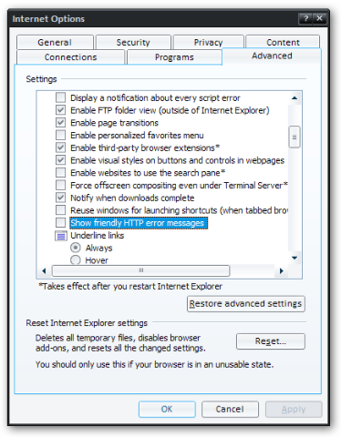 Don't Show Friendly HTTP Errors